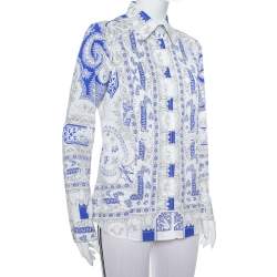 Pre Owned Etro White & Blue Abstract Printed Cotton Button Front Shirt L 