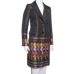 Pre Owned Etro Brown Brocade Detail Wool Mid Length Light Weight Coat M