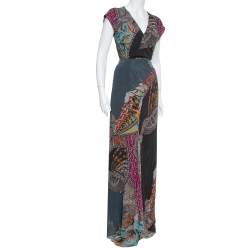 Pre Owned Etro Multicolor Silk Chiffon Wrap Detail Flared Maxi Dress M