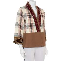 Pre Owned Etro Beige Checkered Paneled Cotton Tribal Trim Kimono Jacket M