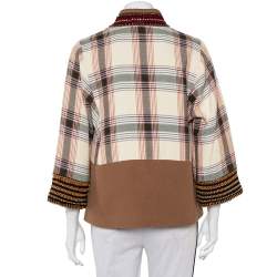 Pre Owned Etro Beige Checkered Paneled Cotton Tribal Trim Kimono Jacket M