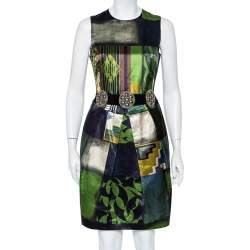 مملوكة مسبقًا Etro Multicolor Printed Satin Embellished Waist Belt Detail Pleated Sheath Dress M