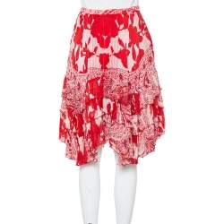 Pre Owned Etro Red Printed Silk Tiered Mini Skirt S