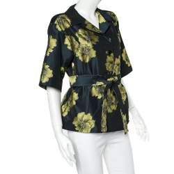 Pre Owned Etro Midnight Blue Floral Silk Jacquard Belted Lightweight Jacket S