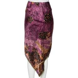 Pre Owned Etro Vintage Purple Floral Printed Satin Asymmetric Hem Midi Skirt M