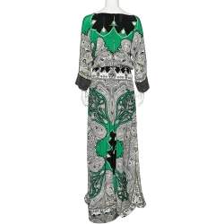 Pre Owned Etro Green Printed Crepe Silk Embellished Maxi Dress M