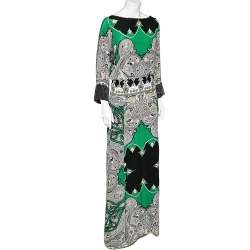 Pre Owned Etro Green Printed Crepe Silk Embellished Maxi Dress M