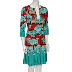 Pre Owned Etro Blue & Orange Floral Printed Crepe Shift Dress M