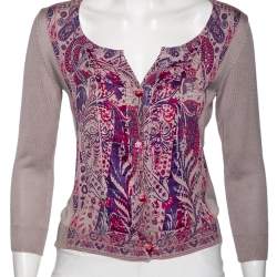 Pre Owned Etro Purple Paisley Printed Silk Knit Button Front Cardigan M