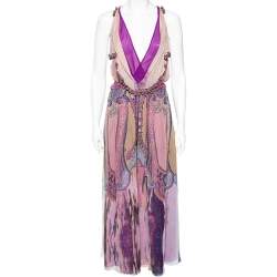 Pre Owned Etro Multicolored Printed Gathered Waist Detail Belted Dress S