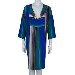 Pre Owned Etro Multicolor Striped Silk Long Sleeve Tunic Dress M