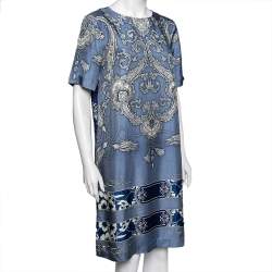 Pre Owned Etro Blue Printed Silk Short Sleeve Dress M 