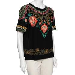 Pre Owned توب إيترو حرير أسود مورد مطبوع بأكمام قصيرة مقاس متوسط - ميديوم