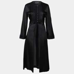Pre Owned Etro Black Textured Satin Ribbon Trimmed Long Coat M