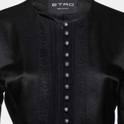 Pre Owned Etro Black Textured Satin Ribbon Trimmed Long Coat M