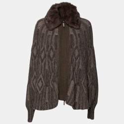 Pre Owned Etro Brown Intarsia Knit Wool & Squirrel Fur Trimmed Zip Front Cardigan M 