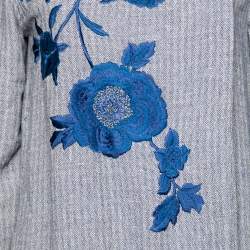 Pre Owned Etro Blue Patterned Linen Floral Embroidered Open Front Coat M