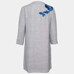 Pre Owned Etro Blue Patterned Linen Floral Embroidered Open Front Coat M
