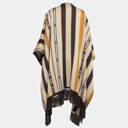 Pre Owned Etro Brown Geometric Pattern Print Wool Fringed Cape One Size