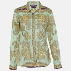 مملوكة مسبقًا قميص إيترو قطن ستريتش نقشة زهور أخضر فاتح أزرار أمامية مقاس كبير