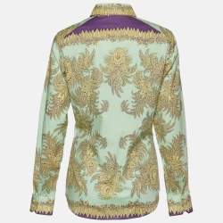 مملوكة مسبقًا قميص إيترو قطن ستريتش نقشة زهور أخضر فاتح أزرار أمامية مقاس كبير