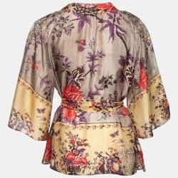 مملوكة مسبقًا Etro Multicolor Floral Printed Silk Belted Sheer Top M