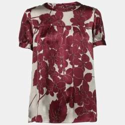 Pre Owned Etro Burgundy Floral Printed Silk Scarf Detail Top M