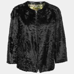 Pre Owned Etro Black Lamb Fur Zip-Front Jacket L