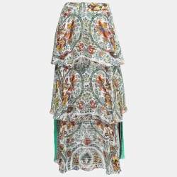 Etro White Floral Printed Silk Tiered Midi Skirt M