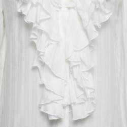 مملوكة مسبقًا Etro White Stripe Patterned Cotton Ruffled Blouse M