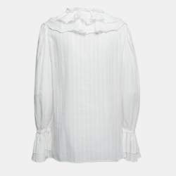 مملوكة مسبقًا Etro White Stripe Patterned Cotton Ruffled Blouse M