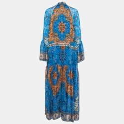 Pre Owned Etro Blue Printed Silk Long Sleeve Maxi Dress M