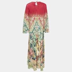 Pre Owned Etro Burgundy Printed Silk Bell Sleeve Maxi Dress L