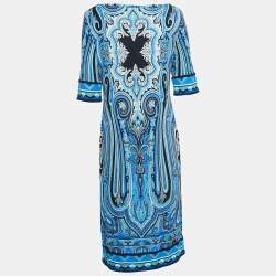 Pre Owned Etro Blue Printed Jersey Midi Dress L