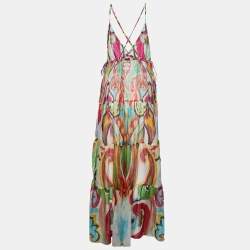 Pre Owned Etro Multicolor Printed Silk Sheer Tie Detail Maxi Dress S