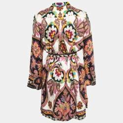 Pre Owned Etro Multicolor Printed Silk Blend Button Front Mini Belted Shirt Dress M