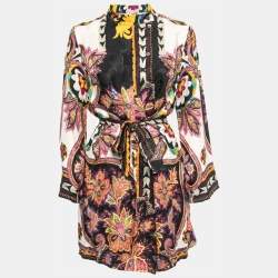 Pre Owned Etro Multicolor Printed Silk Blend Button Front Mini Belted Shirt Dress M