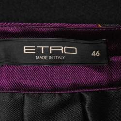 Pre Owned Etro Black/Purple Printed Silk & Wool Pleated Overlap Detail Knee Length Skirt L