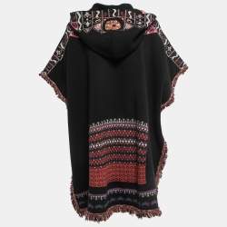 Pre Owned Etro Black/Multicolor Patterned Wool Fringed Hooded Poncho M