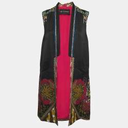 Pre Owned Etro Black Floral Jacquard Sleeveless Open Front Coat M