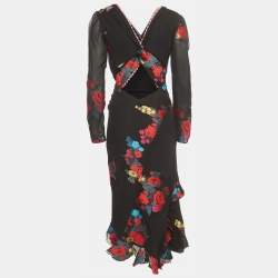Pre Owned Etro Black Floral Jacquard Silk Blend Draped Midi Dress M