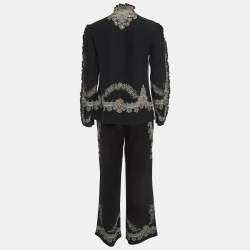 Pre Owned Etro Black Floral Print Silk and Crepe Ruffled Shirt and Trouser Set S