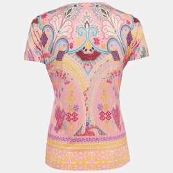Pre Owned Etro Pink Print Stretch Silk Half Sleeve T-Shirt M