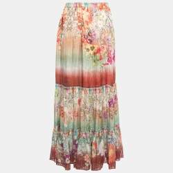 Pre Owned Etro Multicolor Floral Print Metallic Silk Blend Tiered Maxi Skirt M