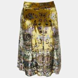 Etro Mustard Yellow Floral Print Velvet Pleated Skirt M