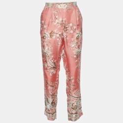 Pre Owned Etro Peach Paisley Floral Print Silk Tapered Trousers M