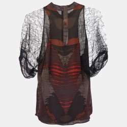 Pre Owned Etro Black Printed Silk & Lace Mock Neck Blouse S