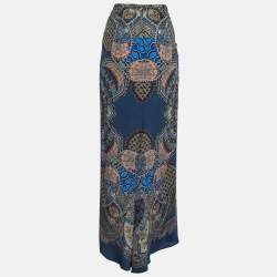 Pre Owned Etro Blue Printed Silk Flared Maxi Skirt M
