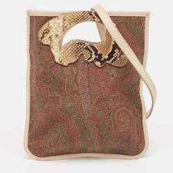 Etro Brown Paisley Print Coated Canvas, Python Embossed and Leather Slim Crossbody Bag