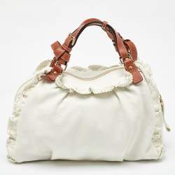 Etro White/Brown Leather Ruffle Zip Satchel